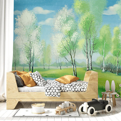 Serene Birch Tree Forest Mural Wallpaper in bedroom