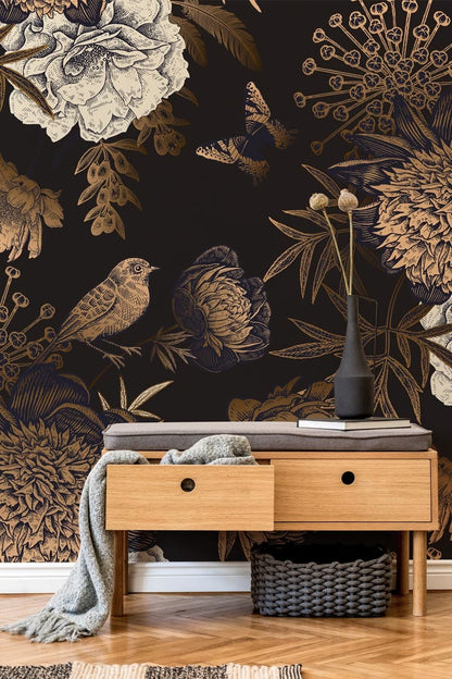 Alt text: Vintage Noir Floral Wallpaper with Birds, wooden bench, and herringbone flooring in a room.