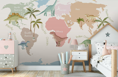 Dinosaur World Map Kids Wallpaper in bedroom