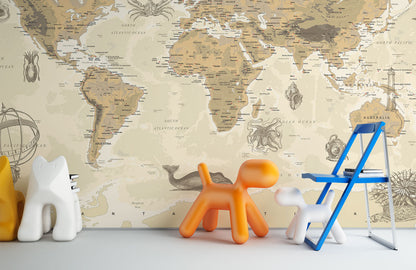 Beige World Map Vintage Wallpaper in children's room