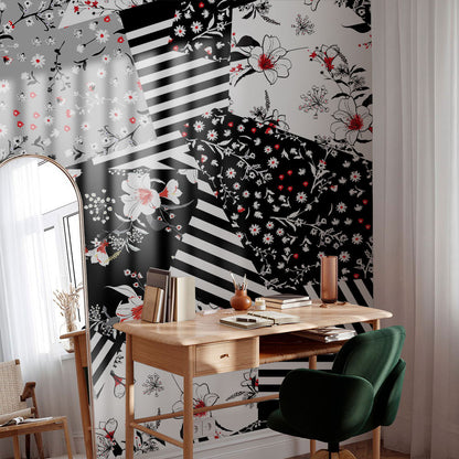 Monochrome Floral Patchwork Wallpaper