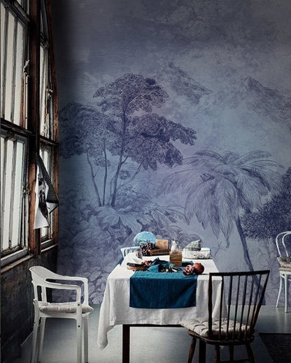 Mystical Blue Forest Scenic Wallpaper in dining room