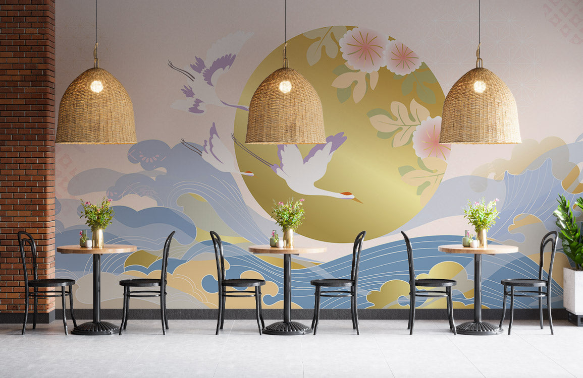 Golden Sunrise & Cranes Mural Wallpaper in dining area