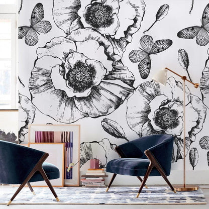 Vector Black & White Poppy Wallpaper Mural in living room