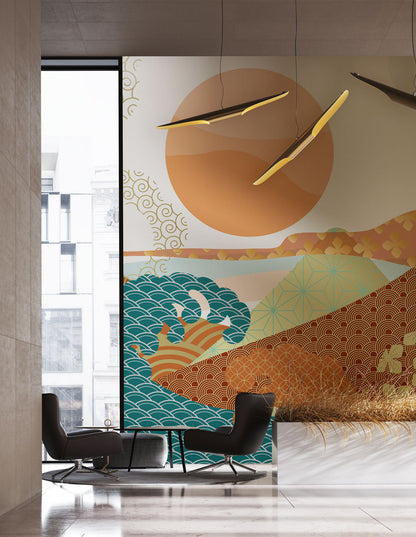 Sunlit Mountains & Waves Mural Wallpaper in lounge