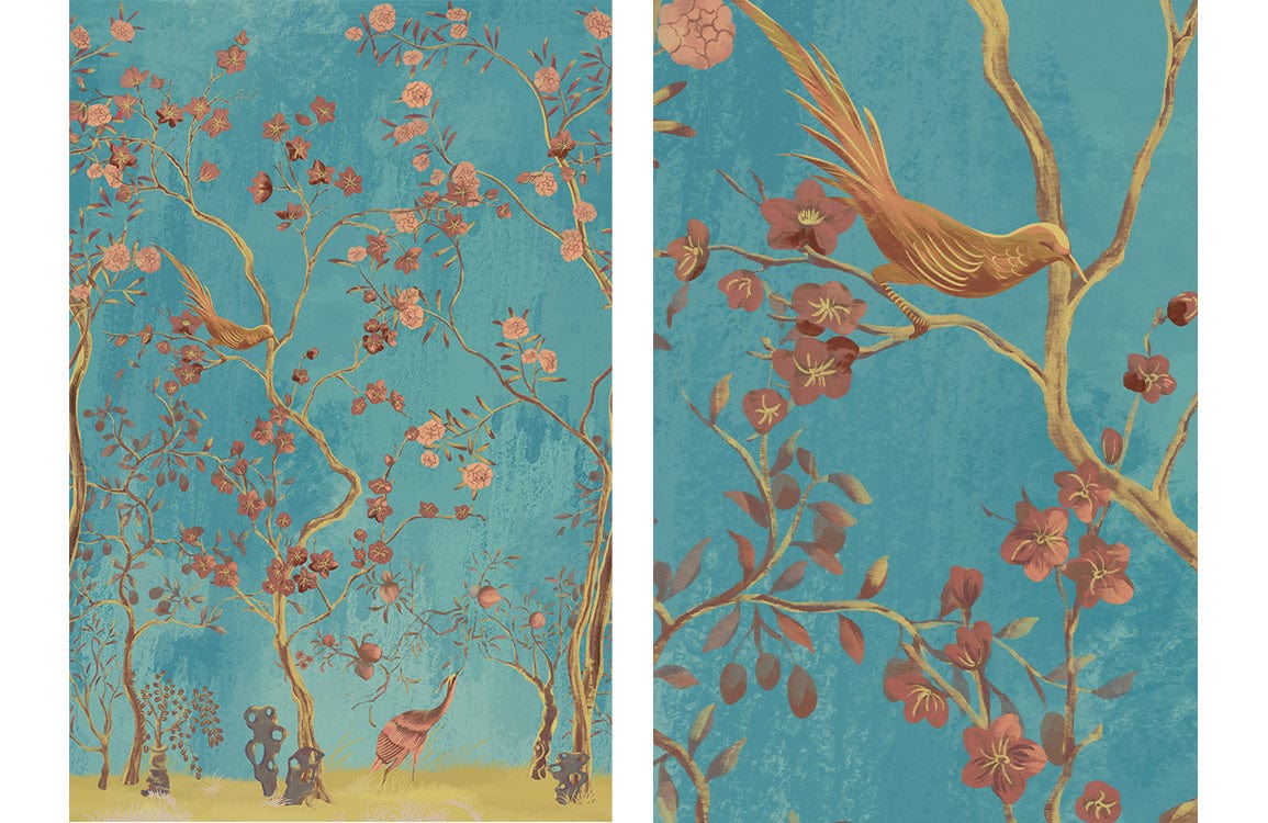 Vintage Blue Floral Bird Mural Wallpaper