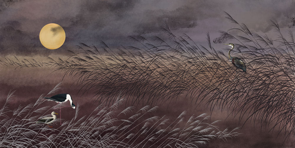 Moonlit Reeds & Cranes Mural Wallpaper