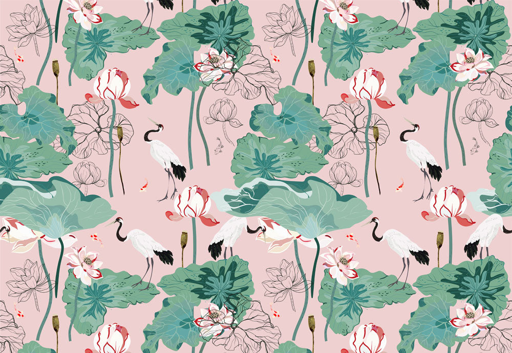 Blush Lotus Crane Garden Wallpaper