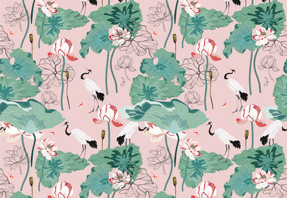 Blush Lotus Crane Garden Wallpaper