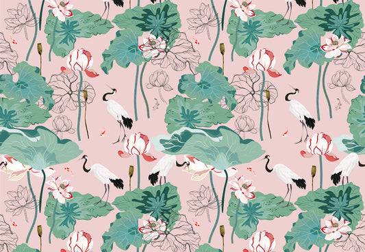 Blush Lotus Crane Garden Wallpaper