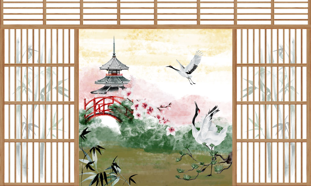 Cranes at Tranquil Pagoda Mural Wallpaper