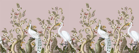 Elegant Heron Botanical Mural Wallpaper in Soft Pink and Green Tones