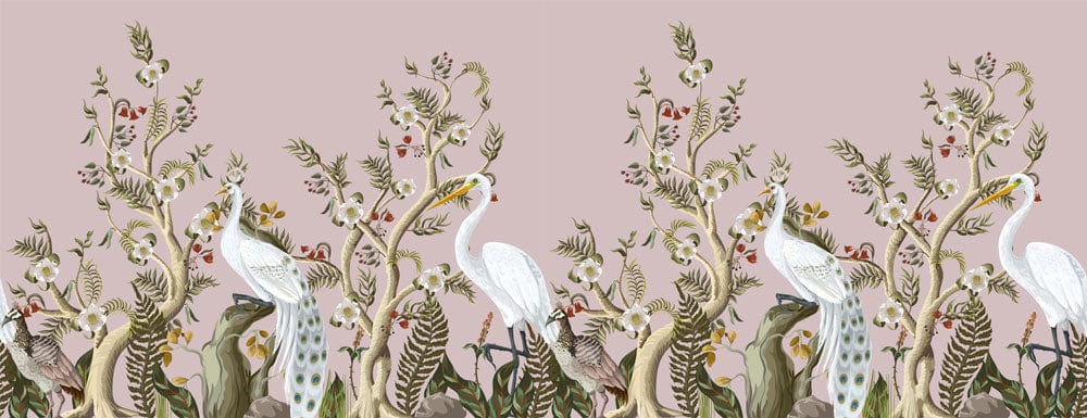 Elegant Heron Botanical Mural Wallpaper in Soft Pink and Green Tones
