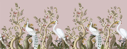 Elegant Heron Botanical Mural Wallpaper in Soft Pink and Green Tones