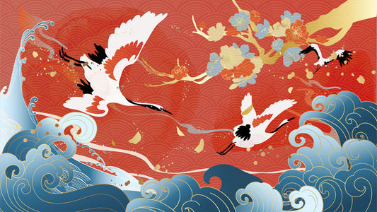 Crane Dance Amidst Ocean Waves Mural Wallpaper