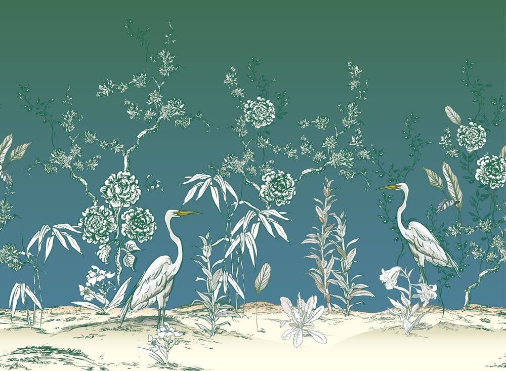 Elegant Green Heron and Floral Paradise Mural Wallpaper - Nature Inspired Design