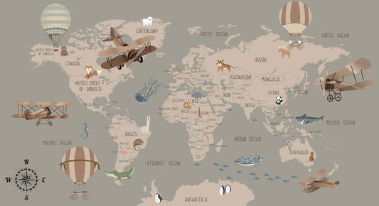 Vintage World Map Adventure Mural Wallpaper in playroom