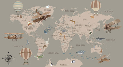 Vintage World Map Adventure Mural Wallpaper in playroom