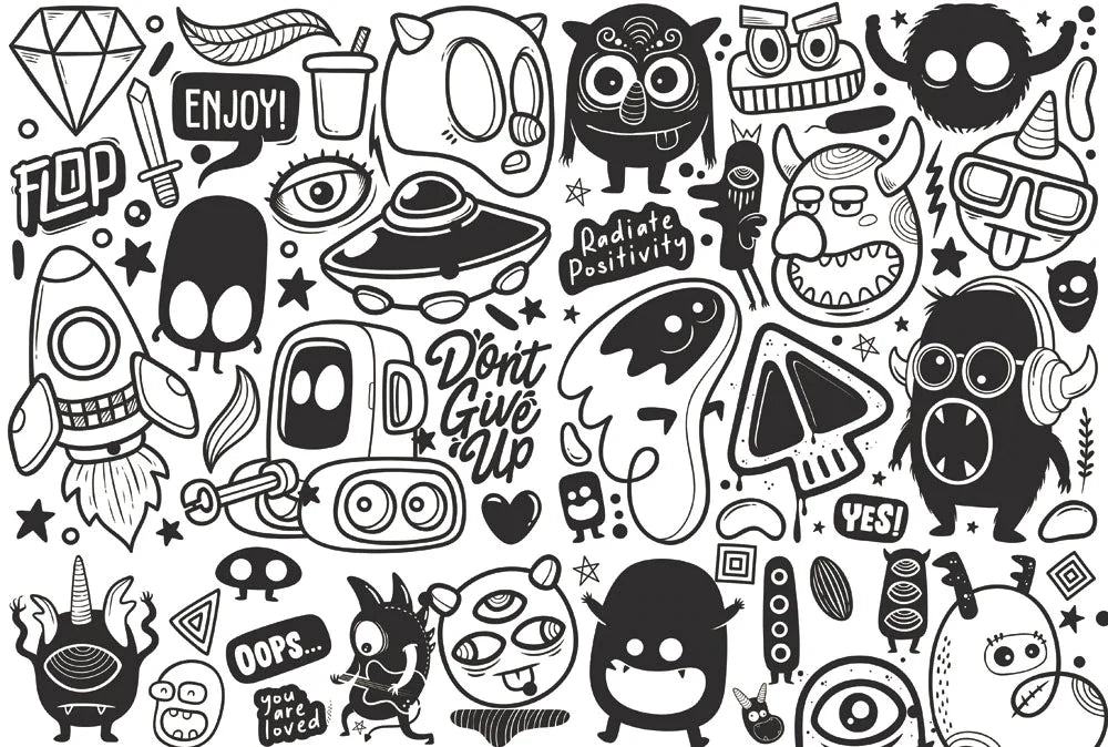 Whimsical Black White Doodle Mural Wallpaper