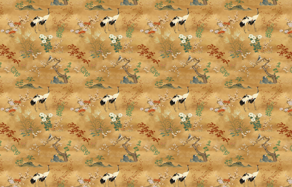 Golden Meadow Cranes Mural Wallpaper