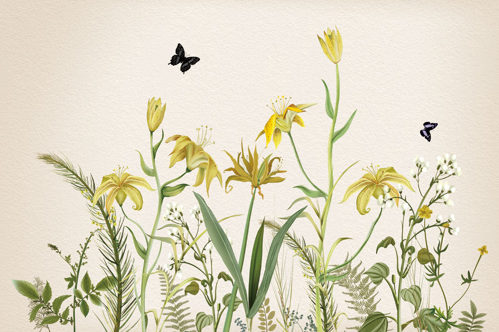 Yellow Floral Butterfly Garden Mural Wallpaper