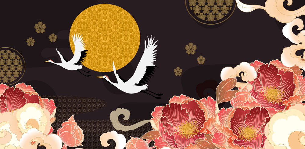 Midnight Cranes & Blossoms Mural Wallpaper