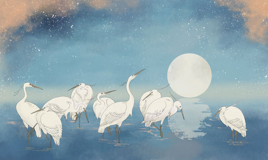 Starlit Egrets & Moon Mural Wallpaper