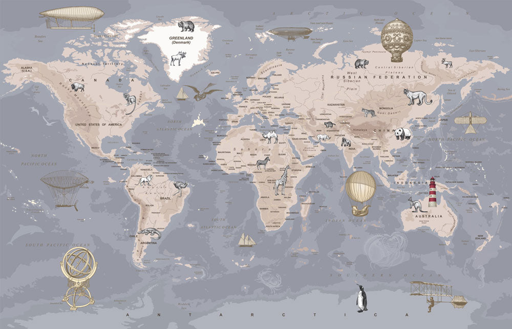 Vintage World Map Animals Wallpaper