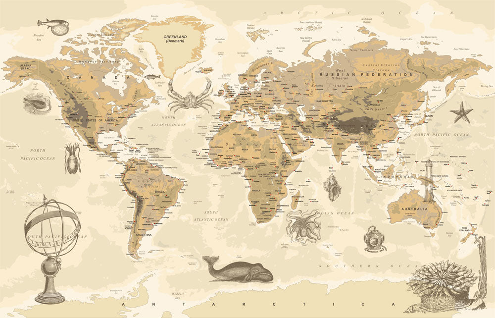 Beige World Map Vintage Wallpaper