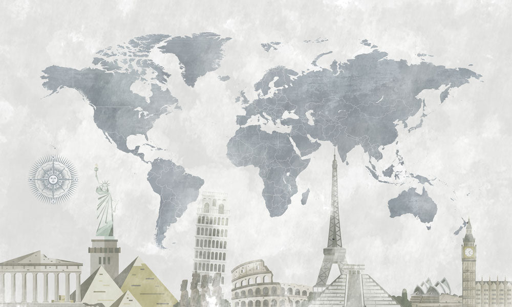 World Landmarks Grey Abstract Map Mural Wallpaper