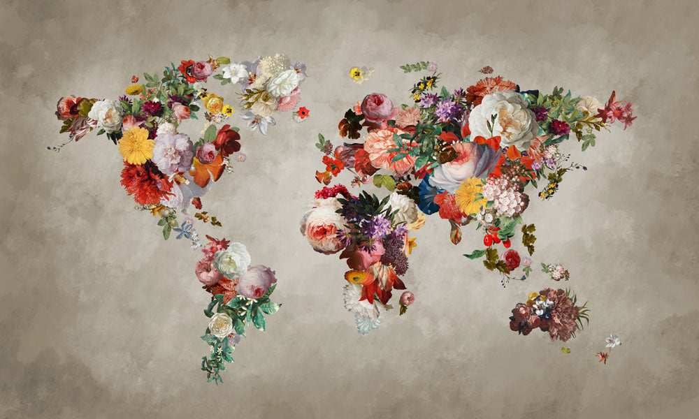 Floral World Map Wall Mural Wallpaper