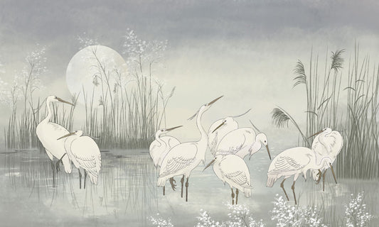 Moonlit Egret Gathering Mural Wallpaper