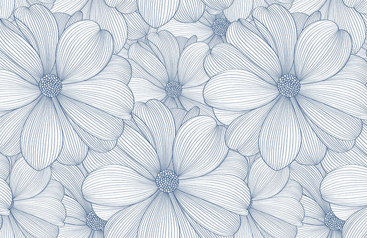 Blue Floral Sketch Modern Mural Wallpaper