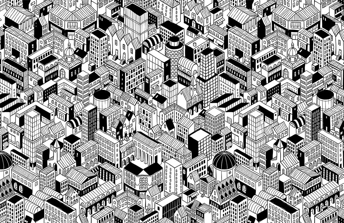 Modern Abstract Cityscape Black White Mural Wallpaper