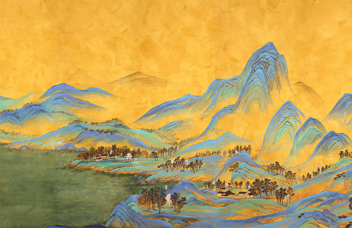 Golden Oriental Landscape Mural Wallpaper