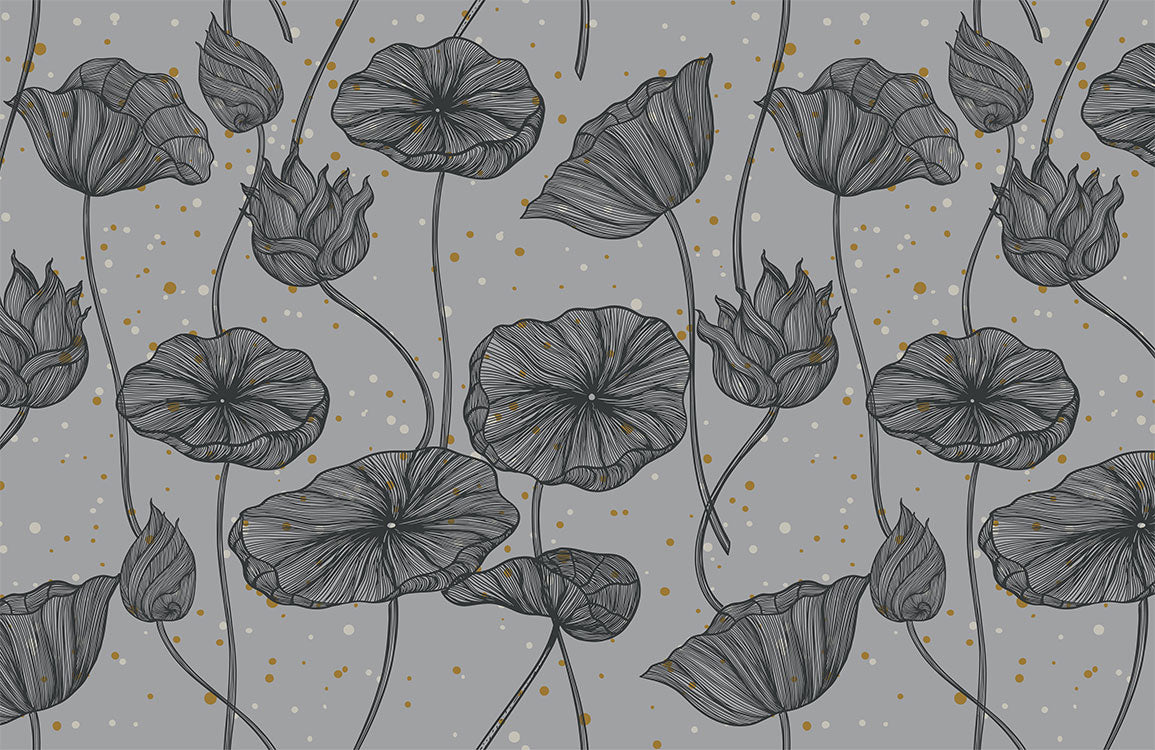 Elegant Grey Botanical Gold Accent Mural Wallpaper
