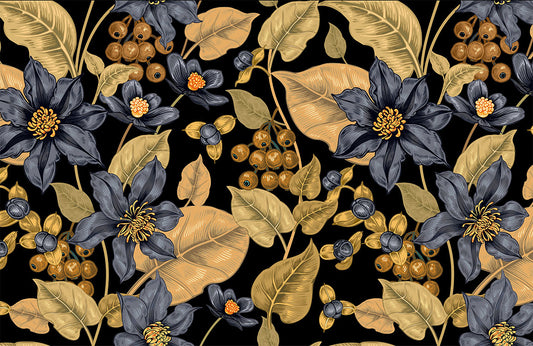 Luxurious Black Gold Floral Mural Wallpaper