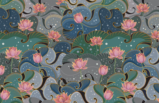 Lotus Blossom Teal Art Deco Mural Wallpaper