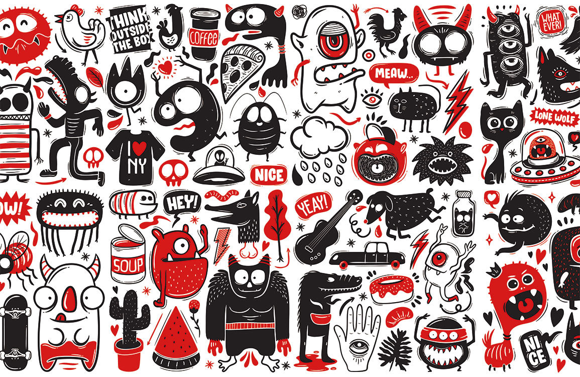 Black White Red Funky Graphics Mural Wallpaper