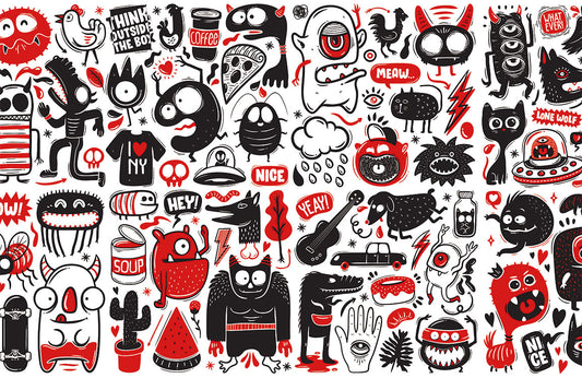 Black White Red Funky Graphics Mural Wallpaper