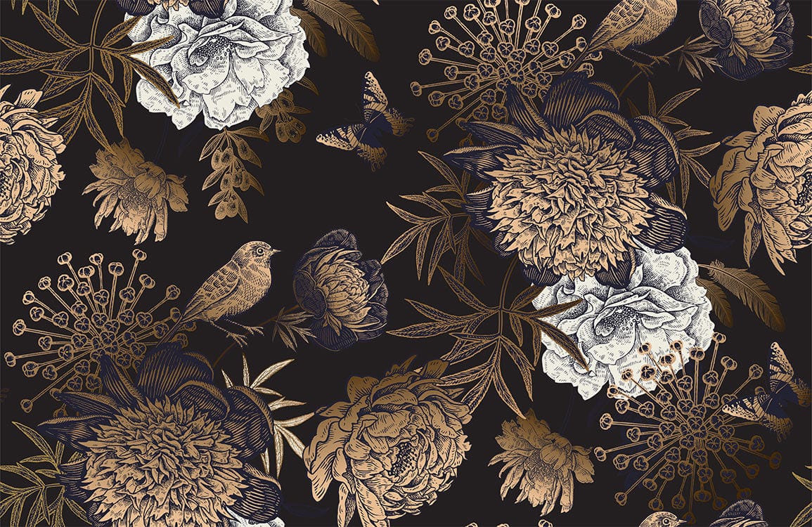 Vintage Botanical Noir Floral Wallpaper with Birds and Butterflies Pattern
