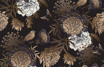 Vintage Botanical Noir Floral Wallpaper with Birds and Butterflies Pattern