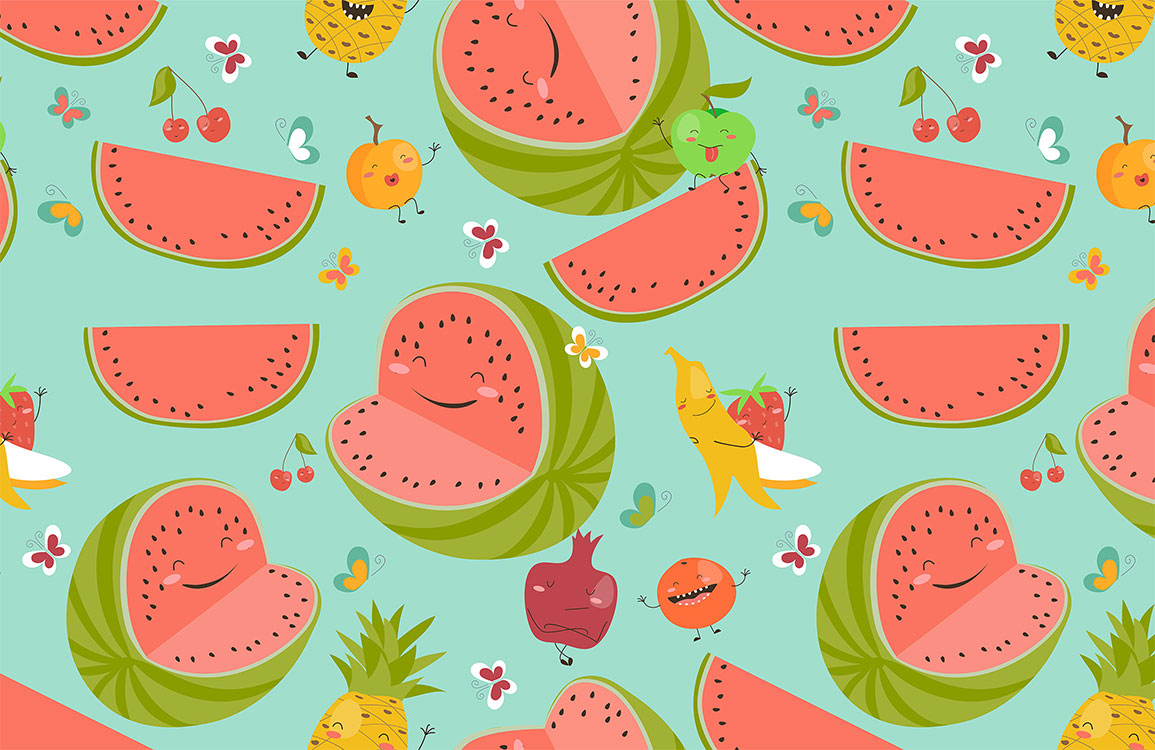 Colorful Whimsical Fruit Cartoon Mural Wallpaper