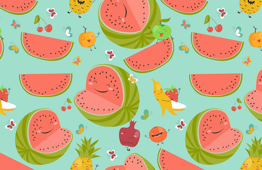 Colorful Whimsical Fruit Cartoon Mural Wallpaper