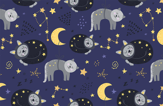 Dreamy Cat Moon Starry Mural Wallpaper