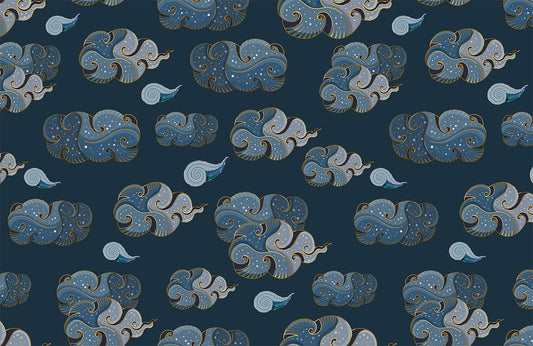 Oceanic Blue Gold Paisley Mural Wallpaper