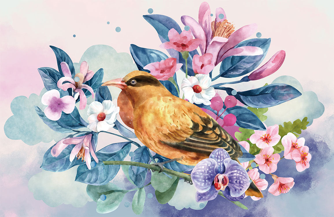 Watercolor Bird Floral Mural Wallpaper