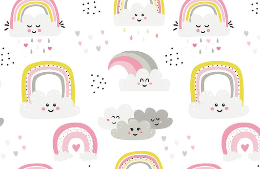 Whimsical Smiling Rainbows Kids Mural Wallpaper