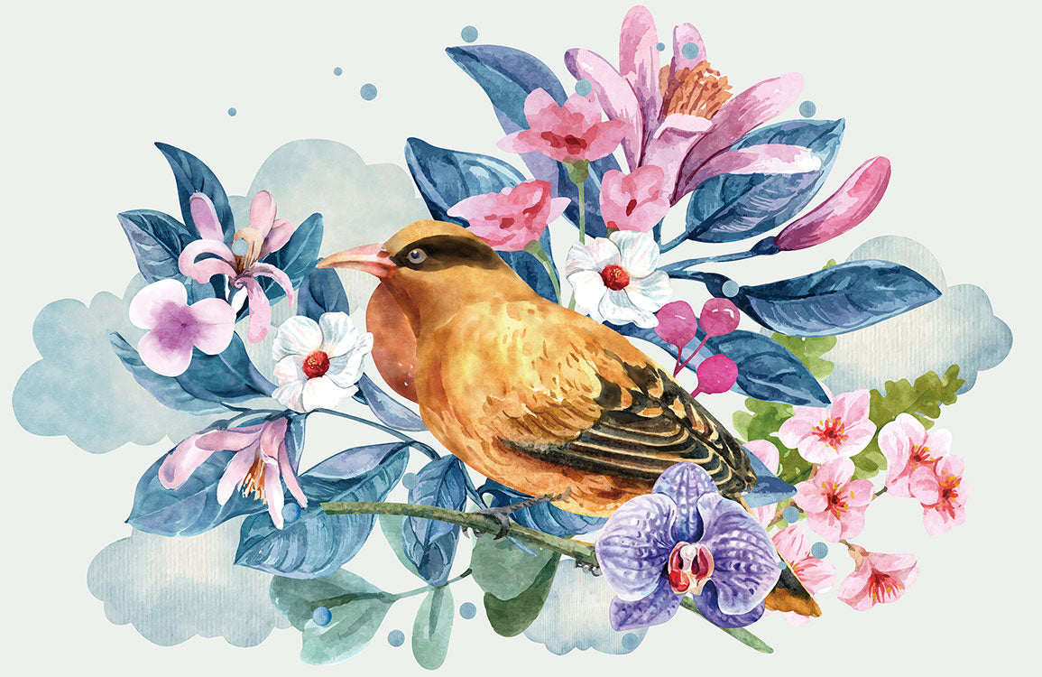 Vintage Bird Floral Watercolor Wallpaper Mural