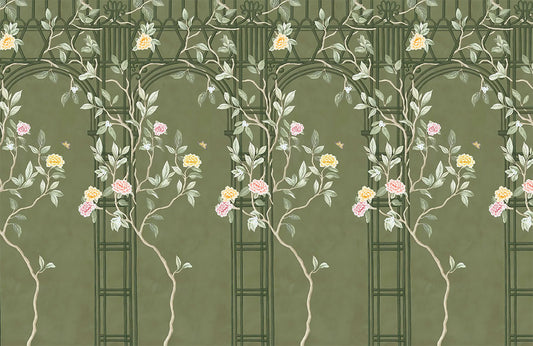 Golden Botanical Bird Garden Mural Wallpaper